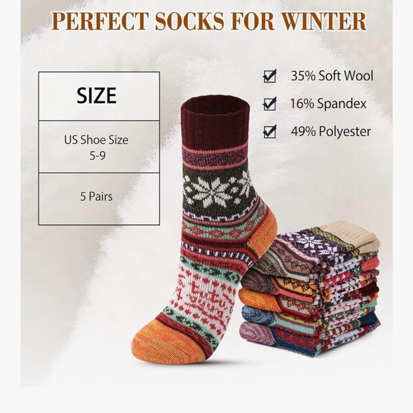 New set of 5 Colorful Patterned Knit Socks winter wool hiking boot socks women’s - Picture 8 of 8